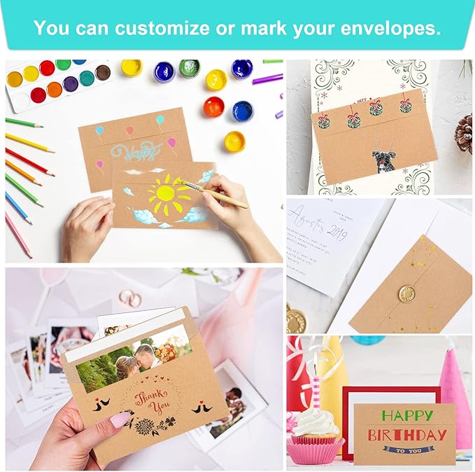 65 Packs A4 Invitation Envelopes, Brown Kraft Envelopes, 4x6 Photo Envelopes for Invitations, Envelopes Self Seal for Weddings, Baby Shower, Photos, Postcards, Greeting Cards, Mailing