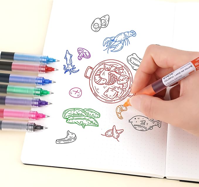 EYEYE 8 Assorted Colors 1.0mm Rollerball Pens, Multicolor Bold Point Pen Quick Dry, Liquid Ink Pen Fine Point Smooth Writing Pens for Journaling, Note Taking, Office, School, Doodling & Gifts