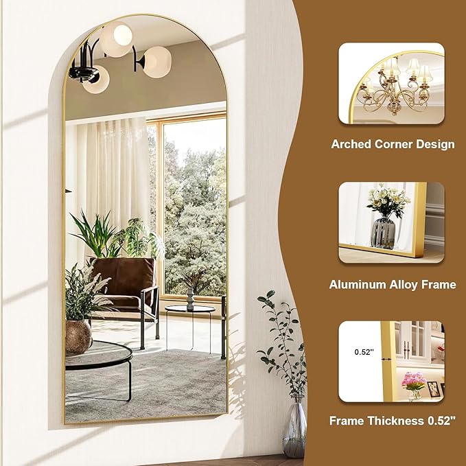HARRITPURE Arched Full Length Mirror - 64"x21" Free Standing Leaning Mirror Hanging Mounted Aluminum Frame Modern Home Decor for Living Room Bedroom Cloakroom, Gold