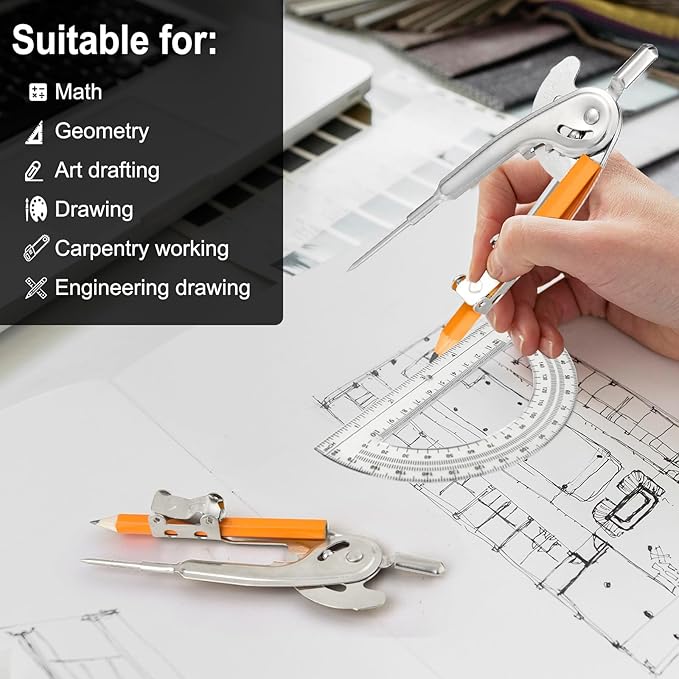24 Pack Geometry Tool Set, Math Compass for Geometry and 6 Inch Protractor Set Include Metal Compass with Pencil and Clear Plastic Protractor for Student Classroom Office Woodworking Art Drawing