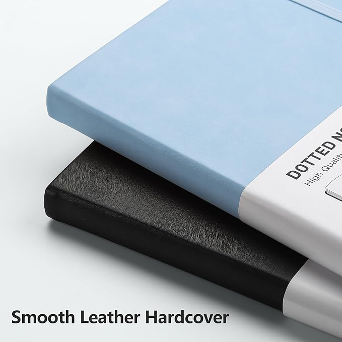 RETTACY Bullet Dotted Journal Notebook, 192 Pages, A5 Medium Size (5.7'' x 8.3''), Leather Hardcover, 100 GSM Thick Paper, for Bullet Journaling, Planning, Tracking (Light Blue)