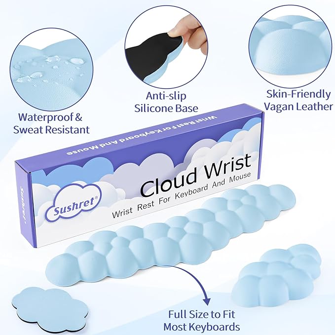 Cloud Wrist Rest Keyboard, Cloud Palm Rest Set with PU Leather Memory Foam, Cute Keyboard Rest for Wrist Support and Arm Rest, Desk Cloud Wrist Pad for PC/Gaming/Hand Cushion/Computer-Blue