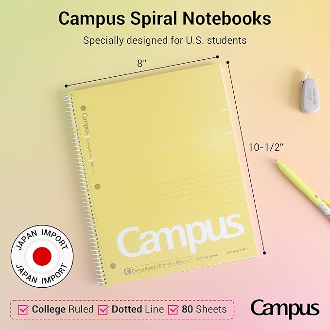 KOKUYO Spiral Notebook, 3 Pack Campus 10-1/2" x 8" Subject Notebooks with College Ruled, 80 Sheets, 3 Holes School Spiral Journal for Work Study Note Taking (Yellow, Orange, Purple)