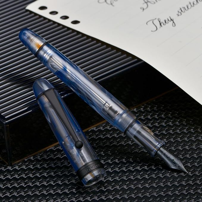 Asvine V126 Vacuum Filling Fountain Pen Extra Fine Nib, Blue Swirl Acrylic, Large-Capacity with Gift Case