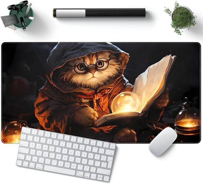 Magical Cat Desk Mouse Mat Black Vintage Desk Pad Playmat for MTG Large Mousepad Gaming Deskpad XXL Keyboard Mouse Pad Full Desktop Mat Desk Cover Mat for Work Office Home (31.5x15.7 in)