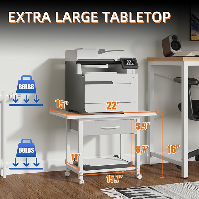 22"x15" Large Printer Stand with Storage Drawer, 2-Tier Under Desk Table for Home Office, Fits Fax Machine/3D Printer/Scanner (White)