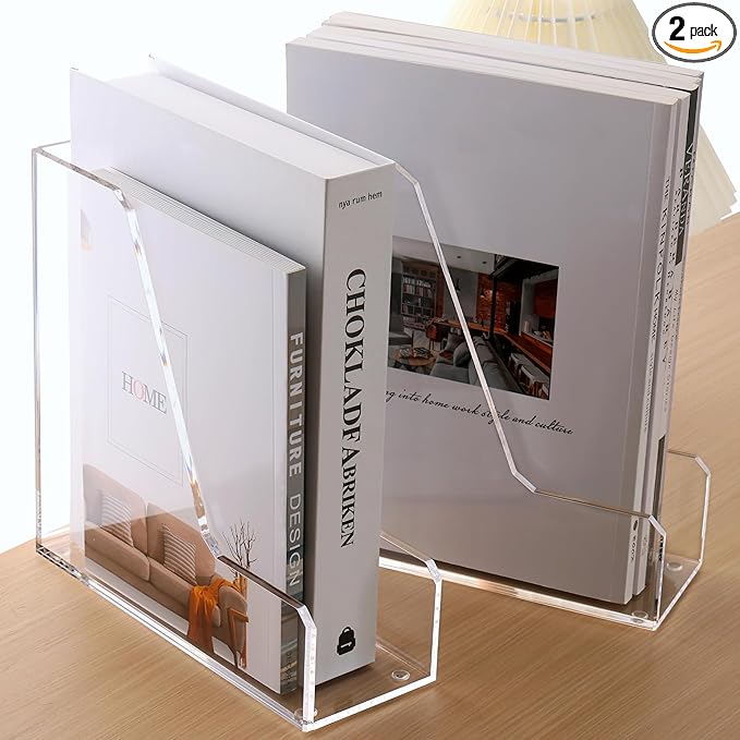 Acrylic Magazine Rack File Holder Desk Organizers and Storage 2-Pack Small Clear Acrylic Vertical Magazine Holder Book Stand for Office Desk