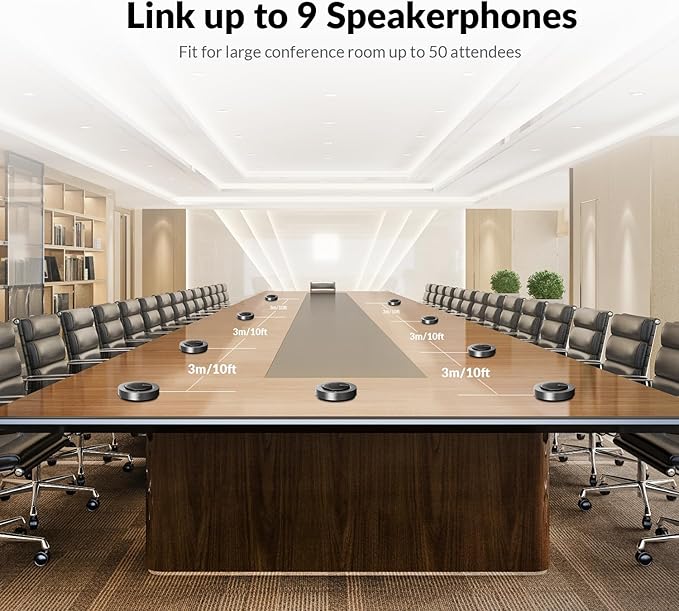 Conference Speakerphone, Daisy Chain up to 9 Speakerphones for 50 People, USB & Bluetooth Speaker with 4 Mics AI Noise Cancellation 360° Voice Pickup for Zoom,Teams,Conference Call Large Meeting Room