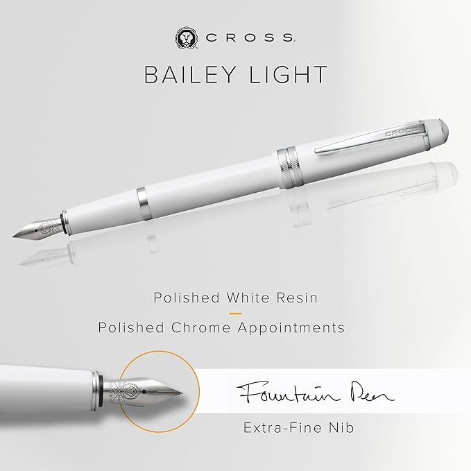 Cross Bailey Light Refillable Fountain Presented in a Everyday Gift Box - Medium Point, Black Ink, Polished White
