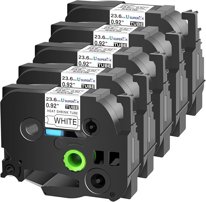 USUPERINK 5PK Compatible for Ptouch HSe-251 HSe251 HS-251 HS251 23.6mm 1 inch Black on White Heat Shrink Tube Label Tape for PT-D600 E500 E500VP E550W PT-P700 PT-P750WVP Label Maker