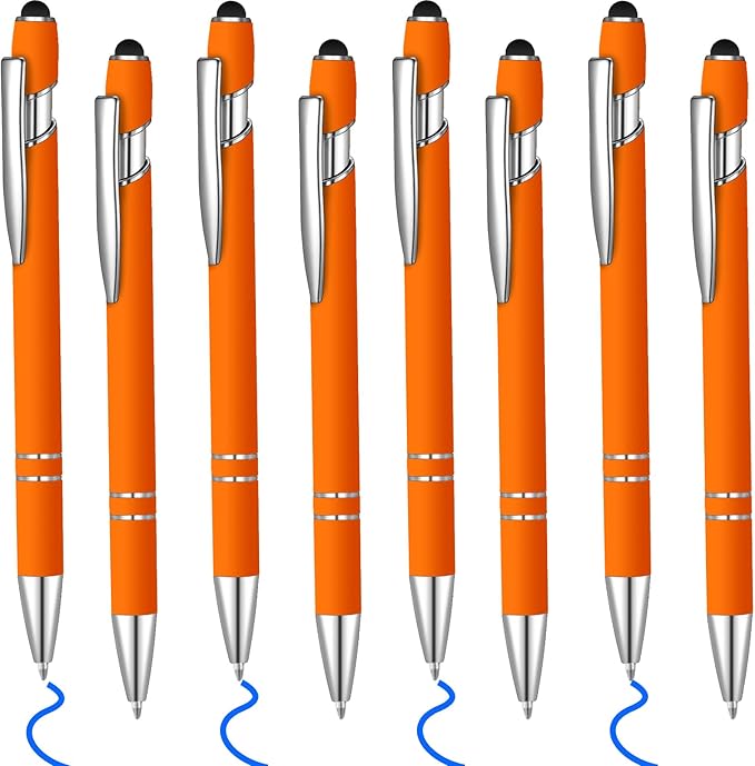 8 Pcs Blue Ink Ballpoint Pen with Stylus Tip 2 in 1 Stylus Ballpoint Pen Metal Pens Stylus Pen for Touch Screens School Office Coworkers (Orange)