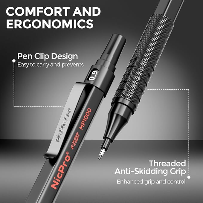 Nicpro 30PCS Black Metal Mechanical Pencil Set in Leather Case, Art Drafting Pencil 0.5, 0.7, 0.9 mm, 2mm Lead Pencil Holders for Sketching Drawing With 16 Tube (6B 4B 2B HB 2H 4H Colors)Lead Refills