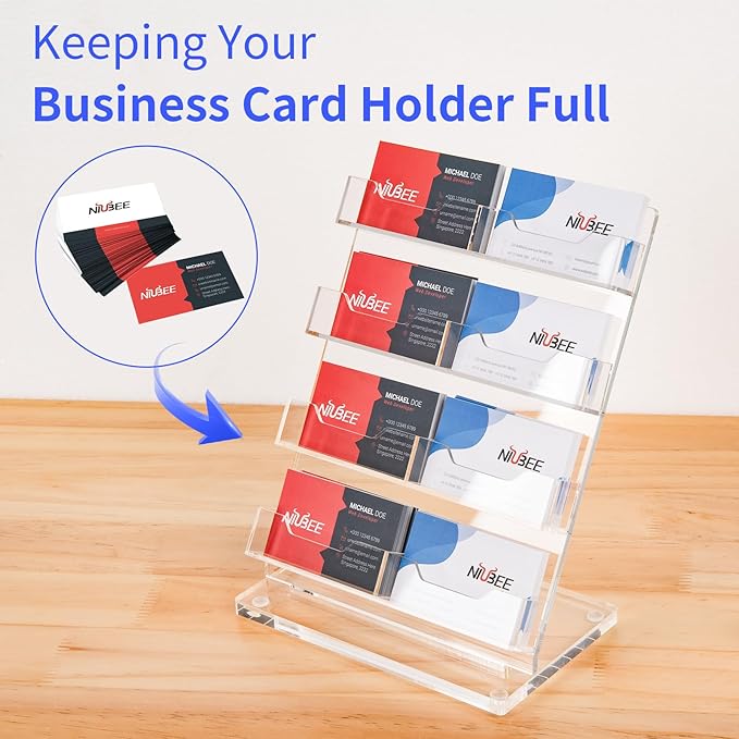 NIUBEE Acrylic Business Card Holder for Desk 4 Tier Clear Business Card Stand, Business Card Display for Office Exhibition, 520 Cards Capacity, 8 Slots
