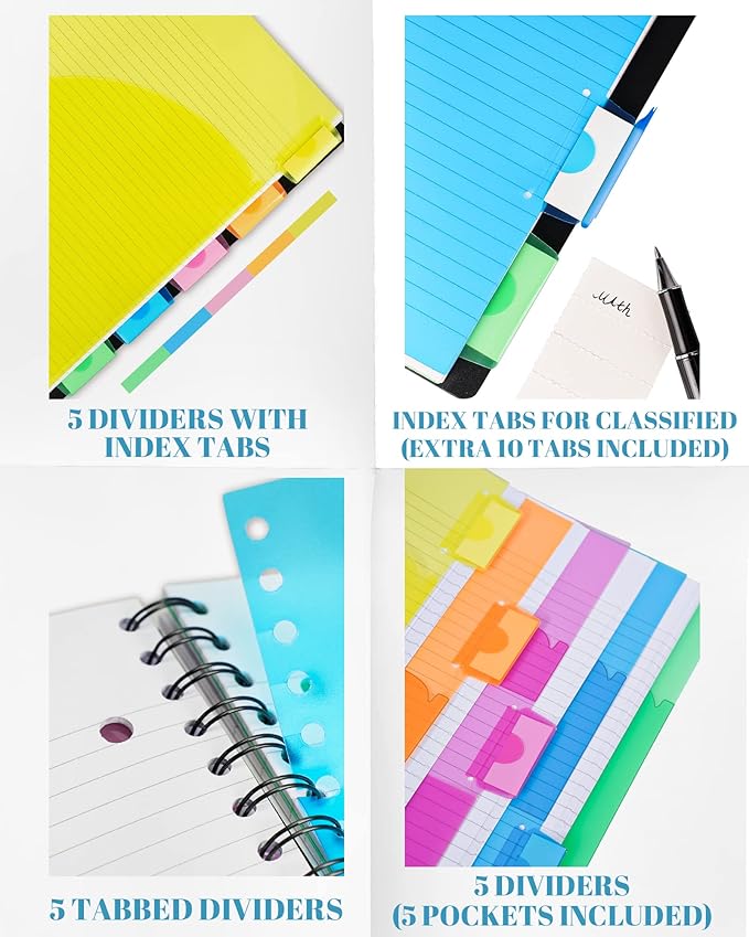 5 Subject Notebook - Spiral Notebook, College Ruled Notebook With Dividers Pocket, Tabs, 11" Ruler, 200 Pages, for Writing Journal, Home & Office, School Supplies, 8.5''x11'' CoCo Brown