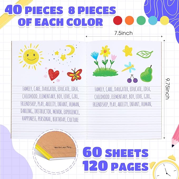 Henoyso 40 Pcs 120 Pages Primary Composition Notebooks K-2, Primary Journal Grades K-2, Writing Journal Practice Notebook for Kids in Preschool, Kindergarten, Back to School Supplies (Rainbow)
