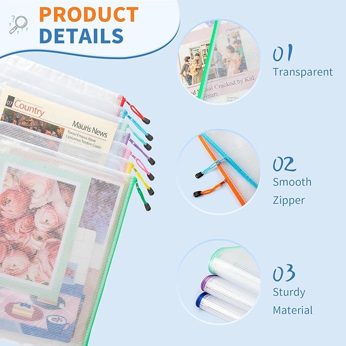 Umriox 16PCS Zipper Pouch, Mesh Bags with Zipper, 16 Color A4/Letter Size Pouches for Organization, Clear Zipper Pouches for Puzzles, Board Games, Craft Projects