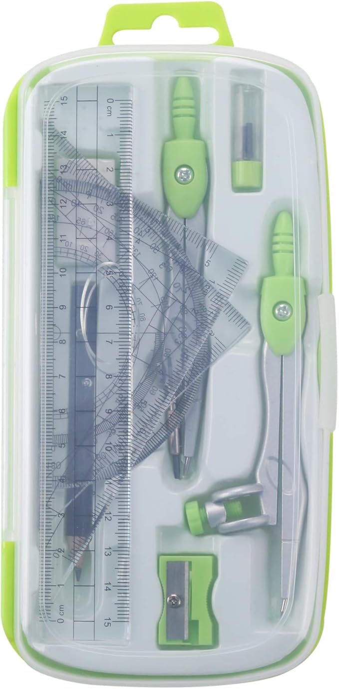 Math Geometry Kit Sets 10 Piece Student Supplies with Shatterproof Storage Box,Includes Rulers,Protractor,Compass,Eraser,Pencil Sharpener,Lead Refills,Pencil,for Drafting and Drawings（Green）