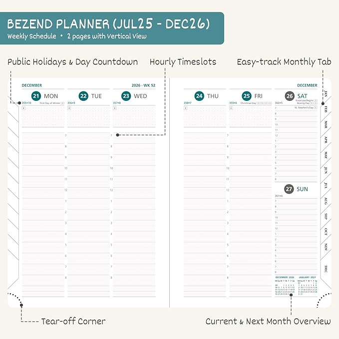 BEZEND Planner 2025-2026 Weekly and Monthly, 8.5" x 11" Academic Calendar (Jul 25-Dec 26) Vertical Daily Appointment with Hourly Timeslot & Monthly Tab, PU Leather Hardcover - Lavender