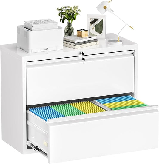 Crownland Lateral File Cabinet with 2 Drawers, 28" W Metal Lockable Office File Cabinets for Home Office- Stores Letter/Legal/A4/F4 Files(White)