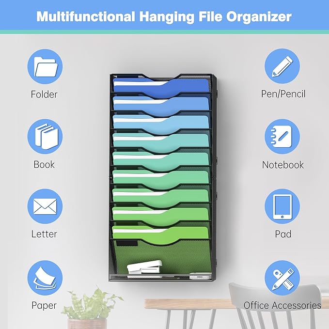 Kuntine.B Wall File Organizer Office Hanging Magazine Holder Wall File Organizer for Office Home (Black, 11 Tier)