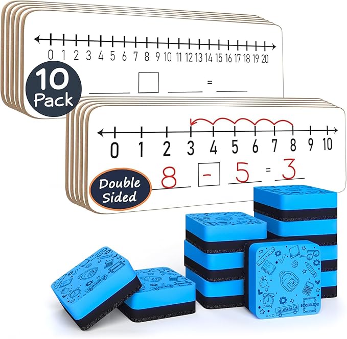 SCRIBBLEDO 10 Pack Dry Erase Number Line White Boards 4x12 Inch Lapboard Double Sided Whiteboard Numbers 1 Thru 10 and 20 I Math White Board for Kids Students Classroom Addition Subtraction Division