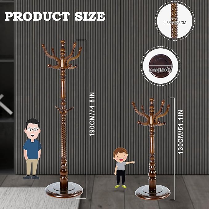Coat Racks FreeStanding with 11 Hooks, Natural Wood Coat Rack with Solid Round Base, Adjustable Height Coat Racks, Easy Assembly for Hallway, Bedroom and Office (Walnut-Solid Round Base)
