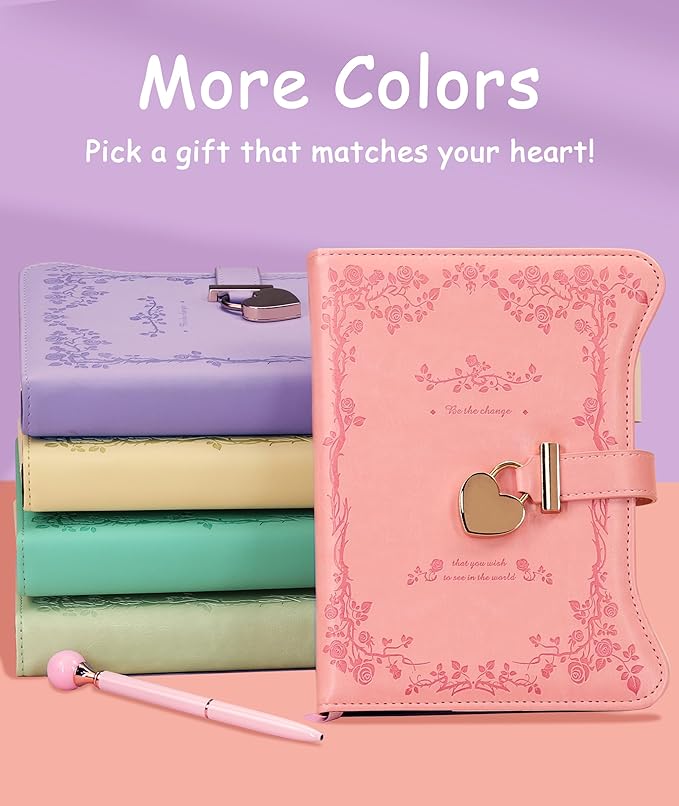 Diary with Lock and Keys for Girls Gift Ideas, 360 Gold Edged Pages Journal for Women, B6 Refillable Notebook for Writing with Pen and Bookmark (Garden Matcha)