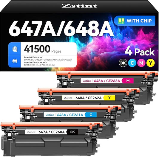 647A 648A Toner Cartridge Set 4-Pack Replacement for HP 647A 648A CE260A CE261A CE262A CE263A Compatible for HP Color Laserjet Enterprise CP4025 CM4540 MFP CP4525 Printer Ink Black Cyan Magenta Yellow