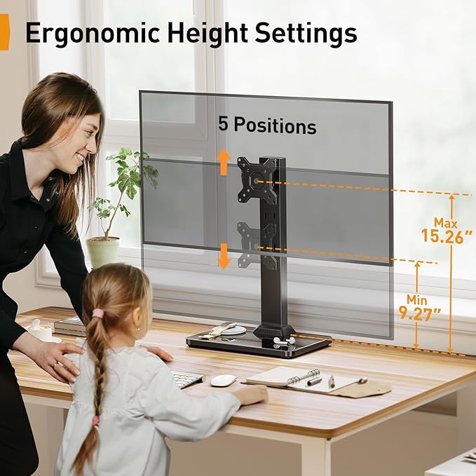 Perlegear Monitor Stand, Freestanding Monitor Mount for 13-34 inch Screens with 360 Degree Rotation, 5 Height Settings, Adjustable Desk Riser with Swivel and Tilt, Max VESA 100x100mm, PGTVS29
