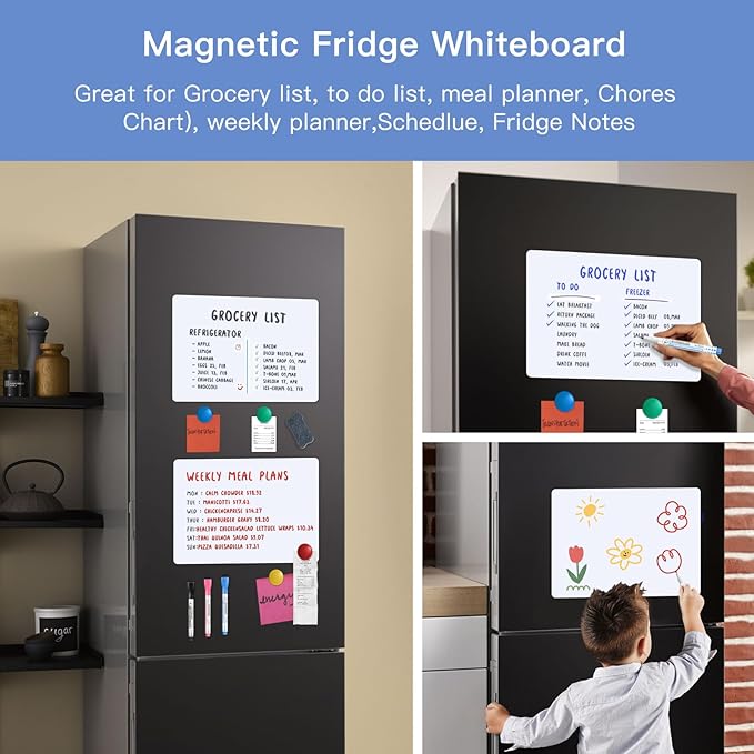 Magnetic Fridge Whiteboard Set: Dry Erase White Board (12X8"), Magnets (Bonus), Markers & Erasers