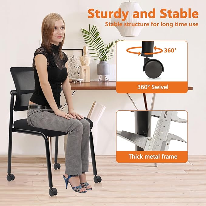 CLATINA Stacking Armless Office Waiting Room Chair with Wheels, Stackable Mesh Guest Reception Desk Chairs with Adjustable Backrest for Conference Lobby Side School, Black, 4 Pack