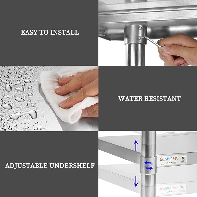STABLEINK Stainless Steel Table with Caster Wheels 24 x 48 Inches, NSF Commercial Prep & Work Table with Adjustable Undershelf and Table Foot, for Commercial Kitchen, Restaurant, Hotel and Garage
