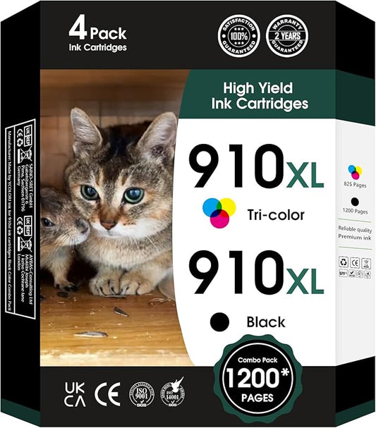 910 XL Ink Compatible with HP 910XL Ink Cartridges Combo Pack, 910XL Ink Cartridges for OfficeJet Pro 8010 8020 Series, Pro 8020, 8030 Series Printer 3JB41AN 4-Pack (BK/C/M/Y, 4 Pack)