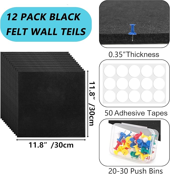 YOUEON Black Felt Bulletin Board for Wall 48" x 36", 12 Pack Black Cork Board Alternative with Pushpins & Self Adhesive Stickers, Soundproof Wall Tiles, Pin Boards for Home Office School