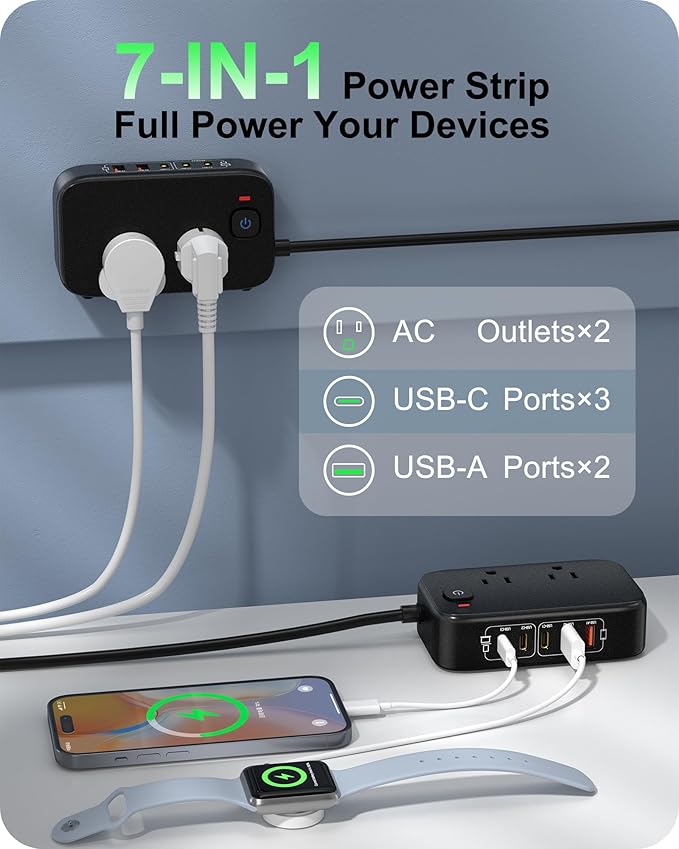 7-in-1 Power Strip, PD GaN 65W USB C Power Strip with 3 USB-C, 2 USB-A Ports and 2500W AC Outlet, Flat Plug Sleek Socket Essentials for Home/Office/College/Travel (Pearl Black, 65W)