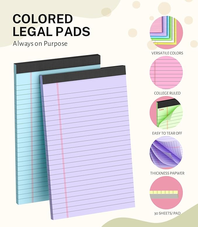 Small Legal Pads 5x8 Colored, 6 Pack Note Pads 5x8, Perforated Pink Legal Pad College Ruled, Lined Paper Pads 5x8 Notebook Pad, 30 Sheets per Notepad, Mini Purple Legal Pads 5x8 for Office School Home