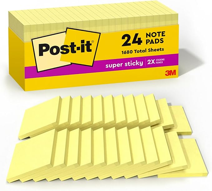 Post-it Super Sticky Notes, 24 Sticky Note Pads, 3 x 3 in., School Supplies, Office Products, Sticky Notes for Vertical Surfaces, Monitors, Walls and Windows, Canary Yellow