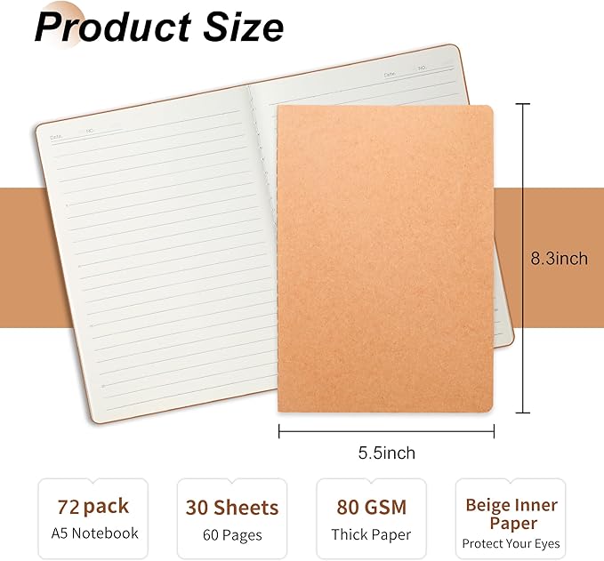 miikoul 72 Pack A5 Kraft Paper Notebook Lined Journal Bulk, 8.3 x 5.5 Inch, 60 Pages/30 Sheets, 80GSM, Travel Notebook Notepad for Adult, Students, Gift, School, Office Supplies