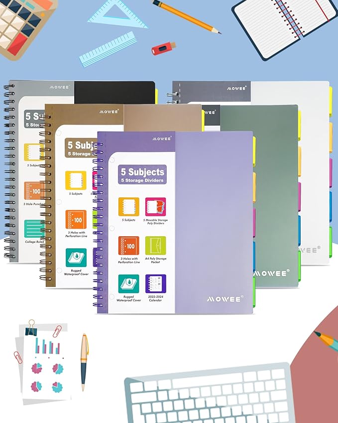 5 Subject Notebook - Spiral Notebook, College Ruled Notebook With Dividers Pocket, Tabs, 11" Ruler, 200 Pages, for Writing Journal, Home & Office, School Supplies, 8.5''x11'' Lily White