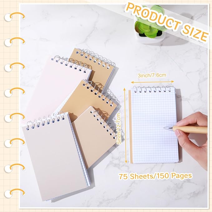 Teling 50 Pcs Spiral Graph Paper Memo Pads Bulk 3x5 Inch Small Note Pads Top Spiral Pocket Graph Notebook 75 Pages Mini Grid Steno Notepads for Writing Sketching Drawing School Office Work Supplies