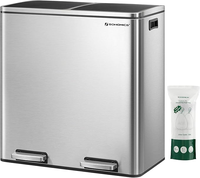 SONGMICS Trash Can, 2 x 8 Gallon (2 x 30 L) Garbage Can for Kitchen, with 15 Trash Bags, 2 Compartments, Plastic Inner Buckets and Hinged Lids, Airtight, Silver and Black ULTB60NL