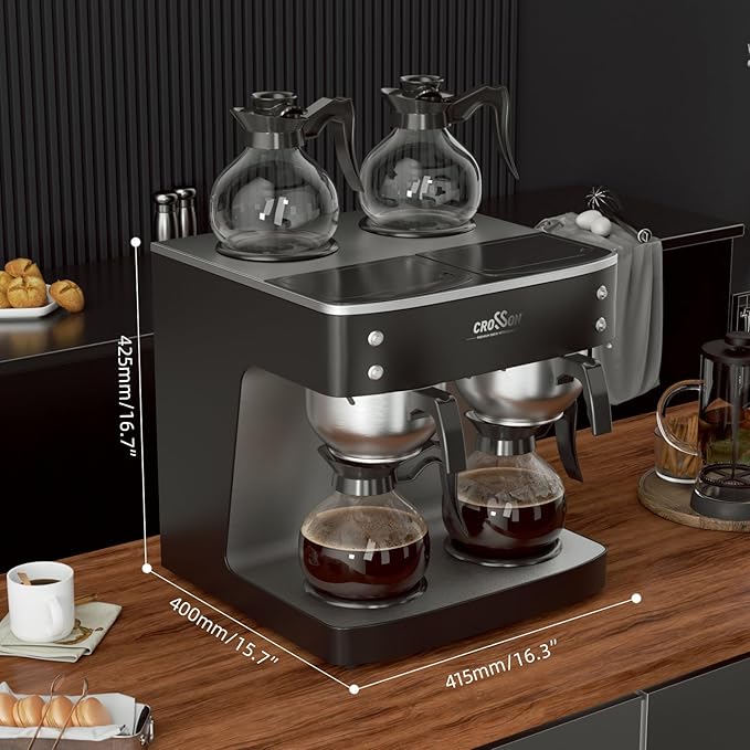 crosson 200 Cup/hour Commercial Drip Coffee Maker, 7.2L Pour Over Coffee Brewer with 4 Glass Decanter&Warmers and Easy Clean Fingerprint Free Housing and 304 Stainless Steel Funnel,