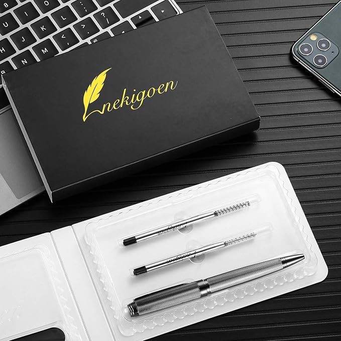 Ballpoint Pen with Gift Box for Men Women,Luxury Stainless Steel Retractable Pen Executive Home Office Use, and 2 Extra Refills Black Ink 1.0mm B2 (full gray)