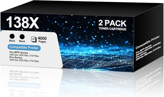 138X W1380X Toner Cartridge 2 Black with Chip Compatible for HP 138X Work with Laser Jet Pro 3001dw 3001fdw 3001, MFP 3101fdw 3101 High Yeild Printer Toner Cartridge 4,000 Pages