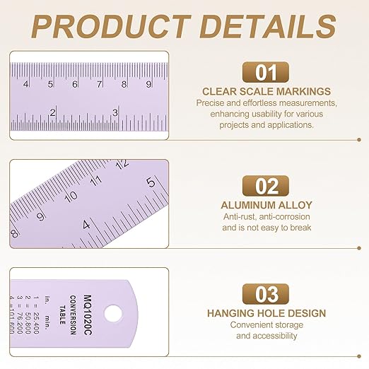 HARFINGTON 4pcs Metal Straight Ruler 20cm Metric SAE Aluminum Alloy Measuring Rulers Scale Tool with Hole for Measure Study Reading Classroom Office, Purple