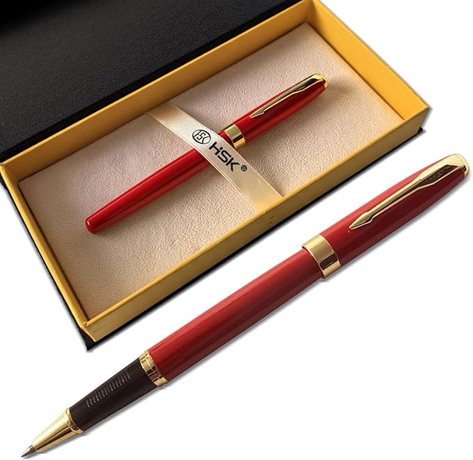 HSK Ballpoint Pens Executive Fountain Pen with Gold Trim, Gift Box Set, Available in Black, Red, Navy Blue,Black Refill Line width 0.5mm (Red)