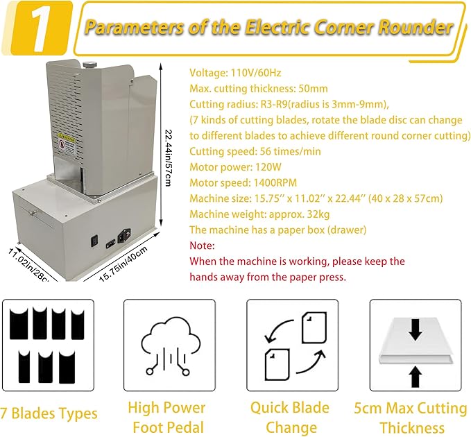 Electric Corner Rounder Machine 50mm Capacity Round Corner Cutter with Safety Guard & Foot Pedal 7PCS Blades R3-R9 Commercial Corner Rounding for Documents Certificates Books Packaging