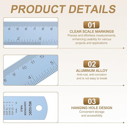 HARFINGTON 4pcs Metal Straight Ruler 30cm Metric SAE Aluminum Alloy Measuring Rulers Scale Tool with Hole for Measure Study Reading Classroom Office, Light Blue