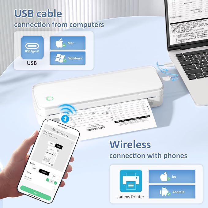 Inkless Portable Printer for Travel, Wireless Thermal Printer Supports 8.5 x 11 Inch US Letter Size, Bluetooth Machine Includes Carry Case and 3 Rolls of Thermal Paper Kit, White