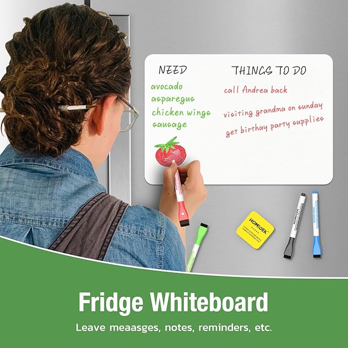 Magnetic Dry Erase Board: Large Fridge Whiteboard, Flexible Refrigerator Magnet White Board, Blank Writing Note Sheet with Dishwasher Magnet Clean Dirty Sign, 4 Markers & Eraser - 23 x 15